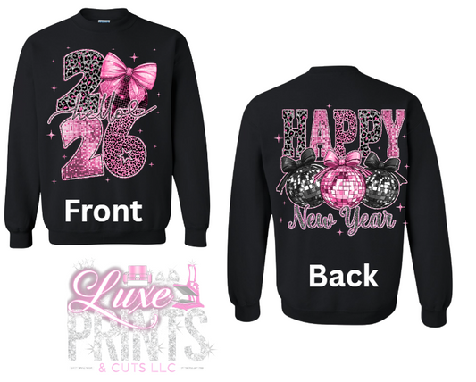 Hello 2026 Black Pink Sequins Glitter Leopard, Disco Ball Happy New Year