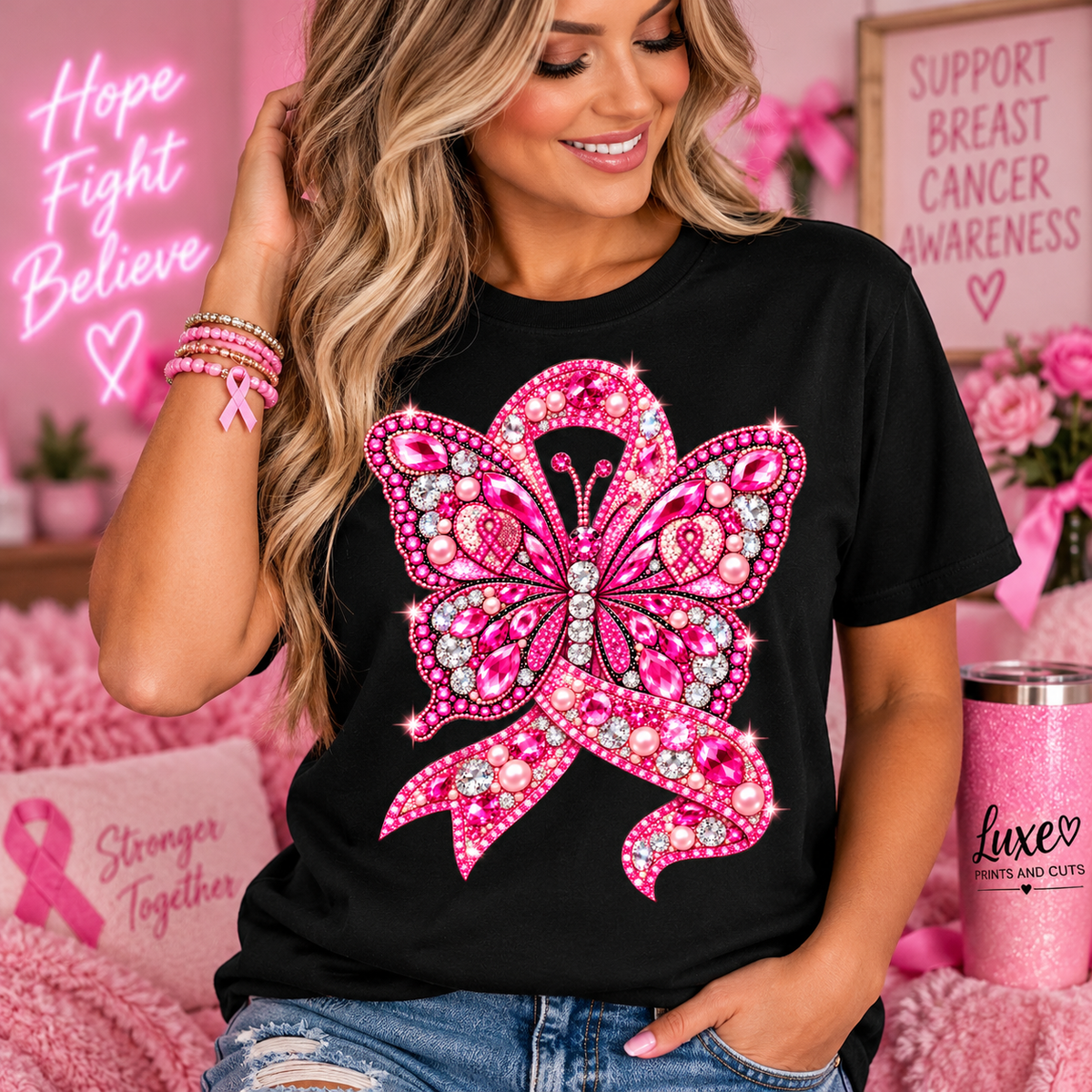 Woman in black butterfly breast cancer awareness shirt
