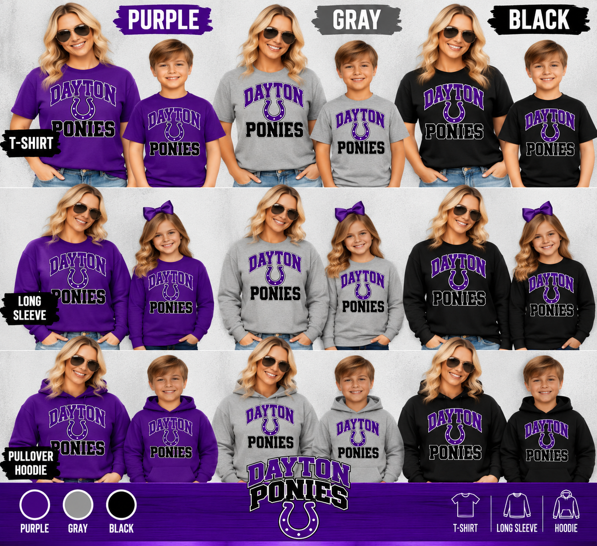 Dayton Ponies purple and black horseshoe apparel mockups