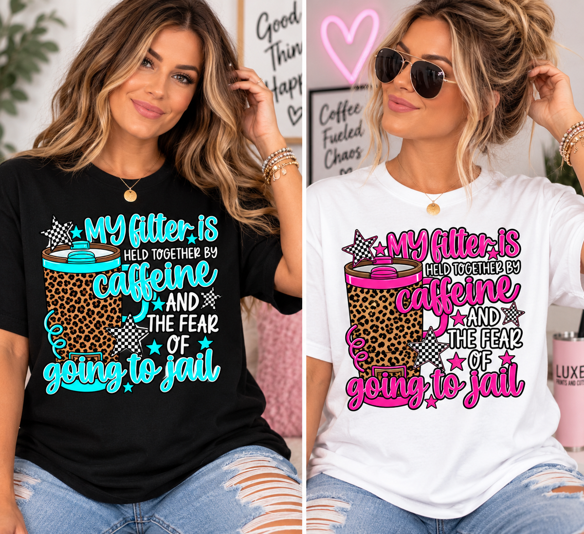 Teal graphic on black and pink graphic on white shirt