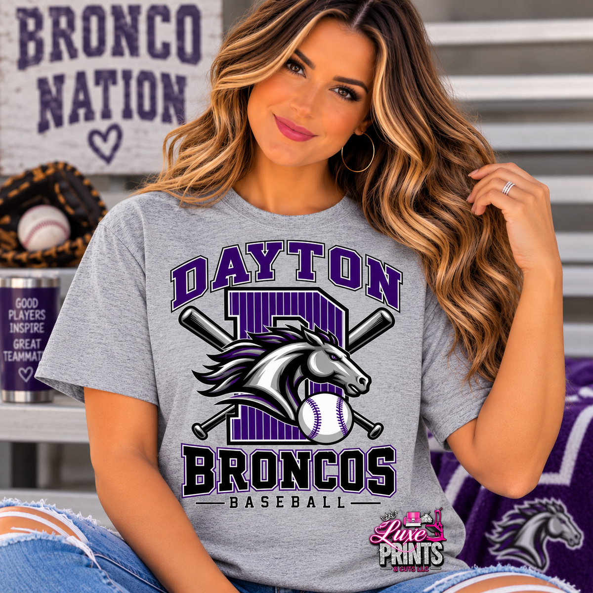 Dayton Broncos Baseball grey shirt women mockup with Luxe logo