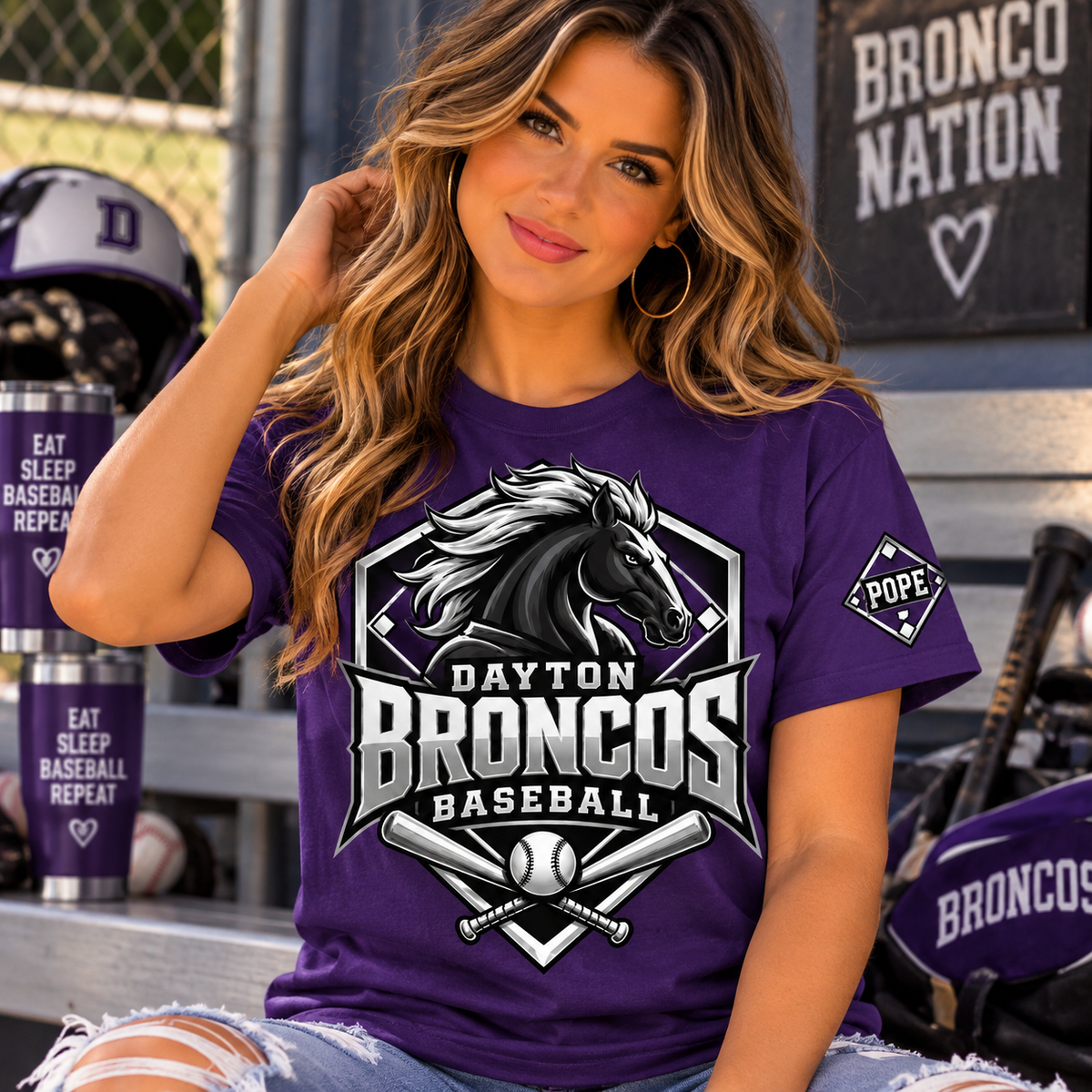 Dayton Broncos Baseball purple shirt women mockup with Pope sleeve