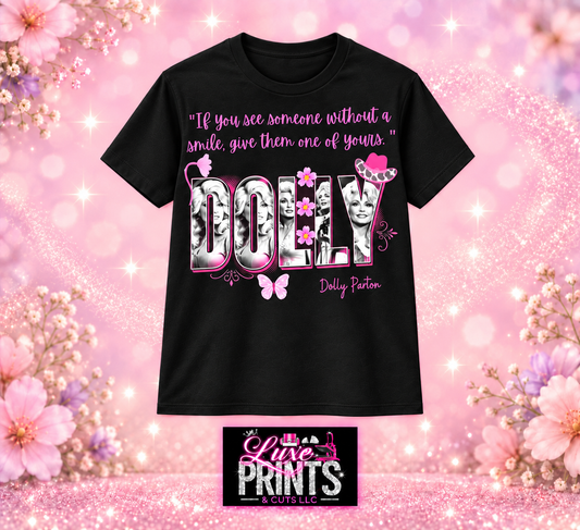Dolly smile collage on black shirt