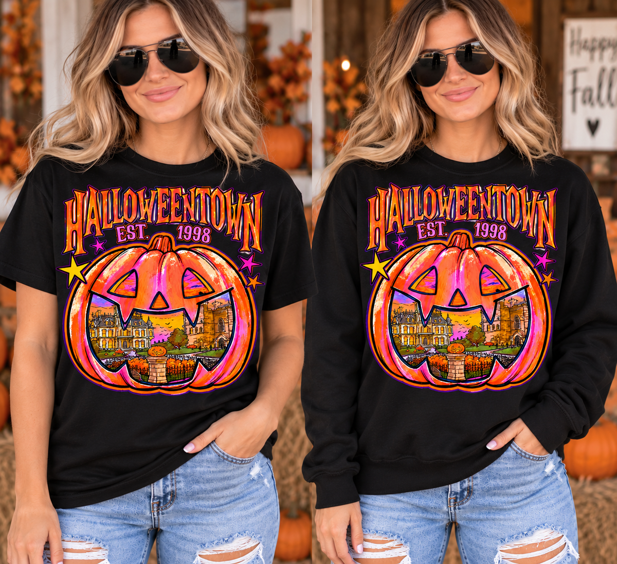 Halloweentown black T-shirt and sweatshirt mockup