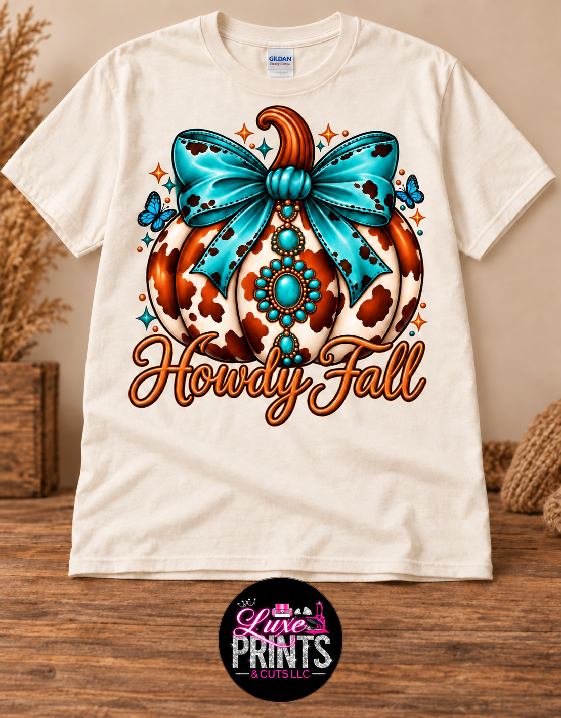 Howdy Fall design on off-white Gildan shirt with Luxe Prints and Cuts round logo