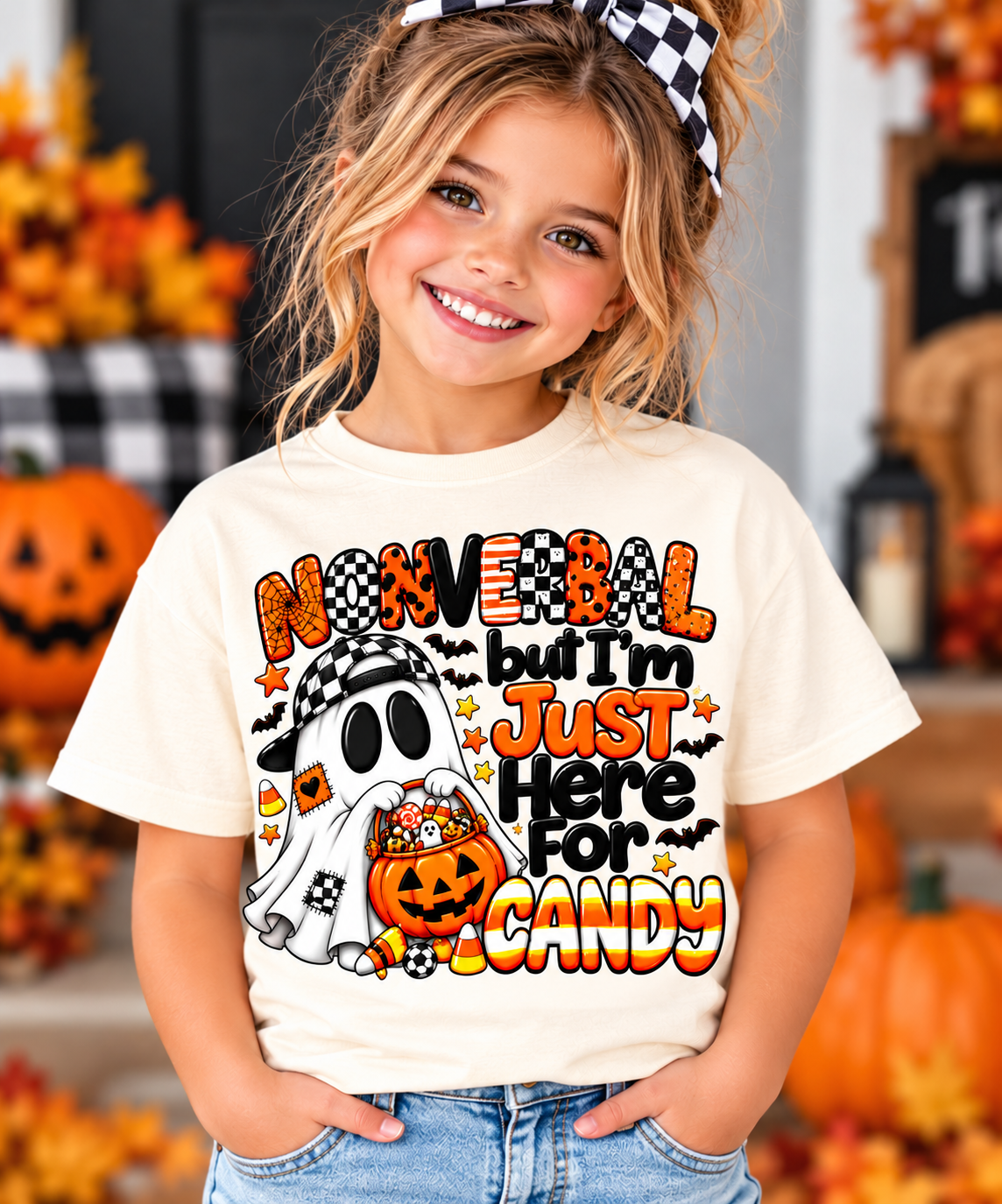Child modeling off-white Gildan Nonverbal Halloween shirt