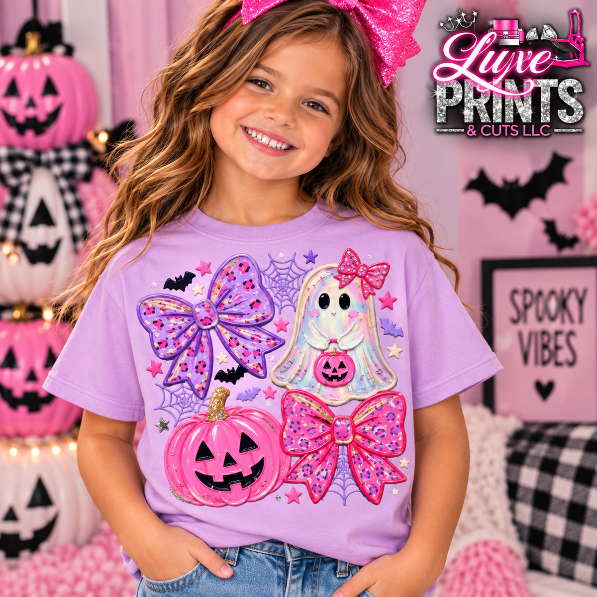 Pink and purple Halloween bows ghost shirt mockup