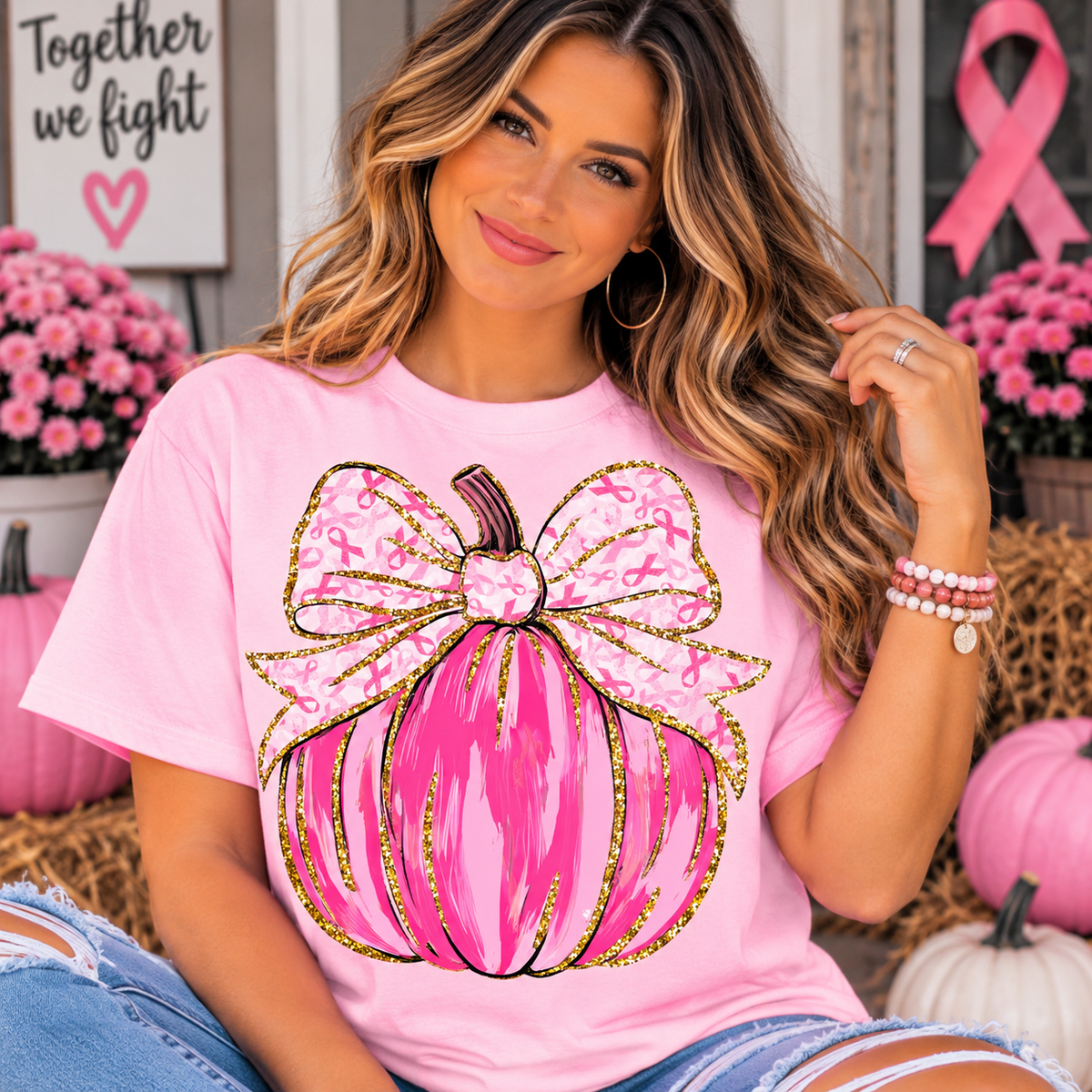 Pink ribbon pumpkin breast cancer awareness shirt mockup
