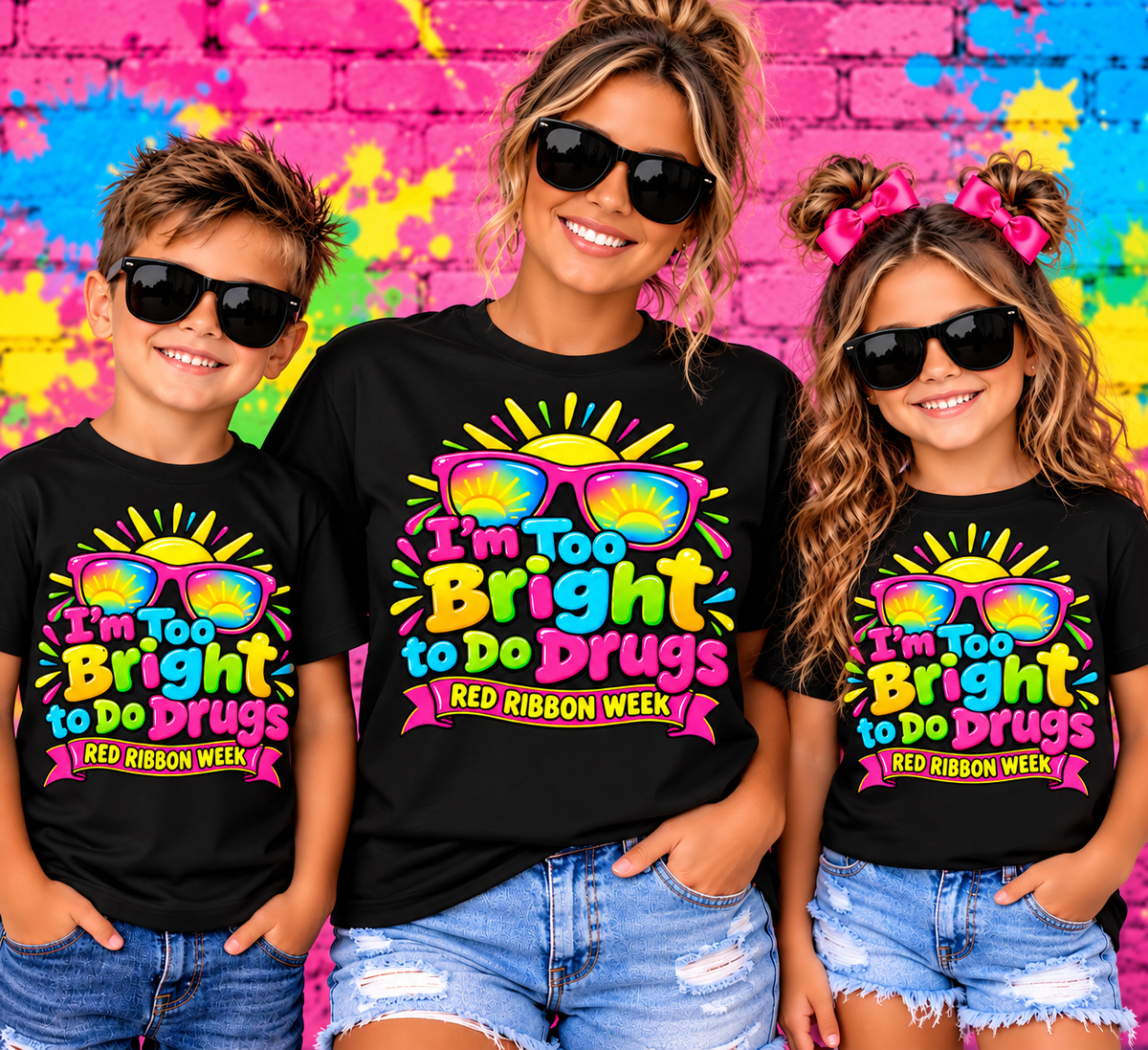 Adult and children wearing Red Ribbon Week shirts with black sunglasses