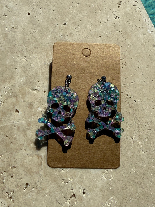 2” Glittery Skull and Crossbones Acrylic Dangling Earrings