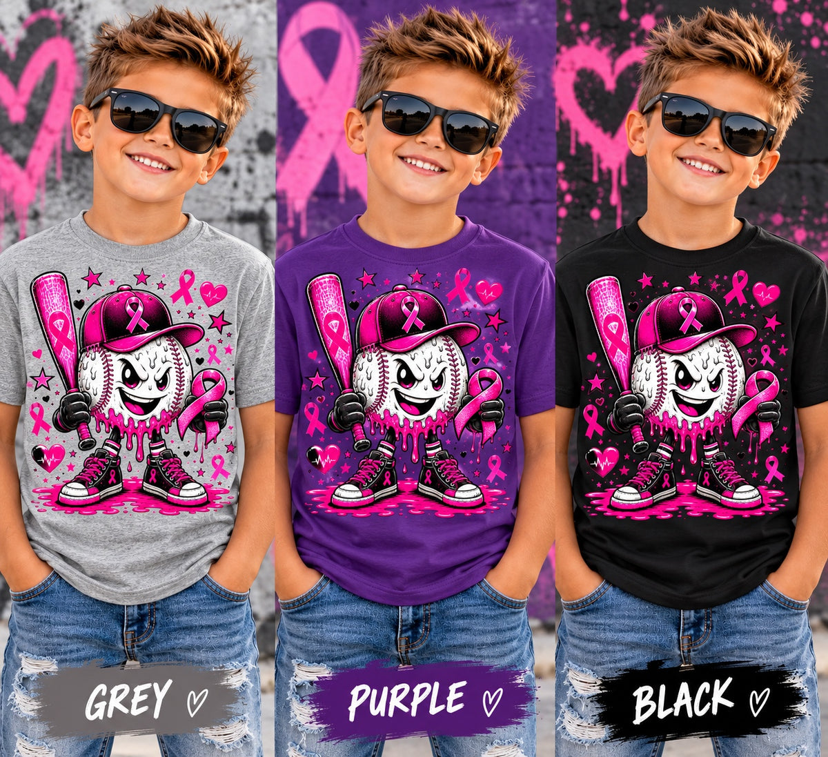 Boy modeling grey purple and black Pink Baseball awareness shirts
