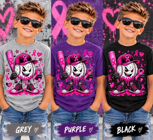 Boy modeling grey purple and black Pink Baseball awareness shirts