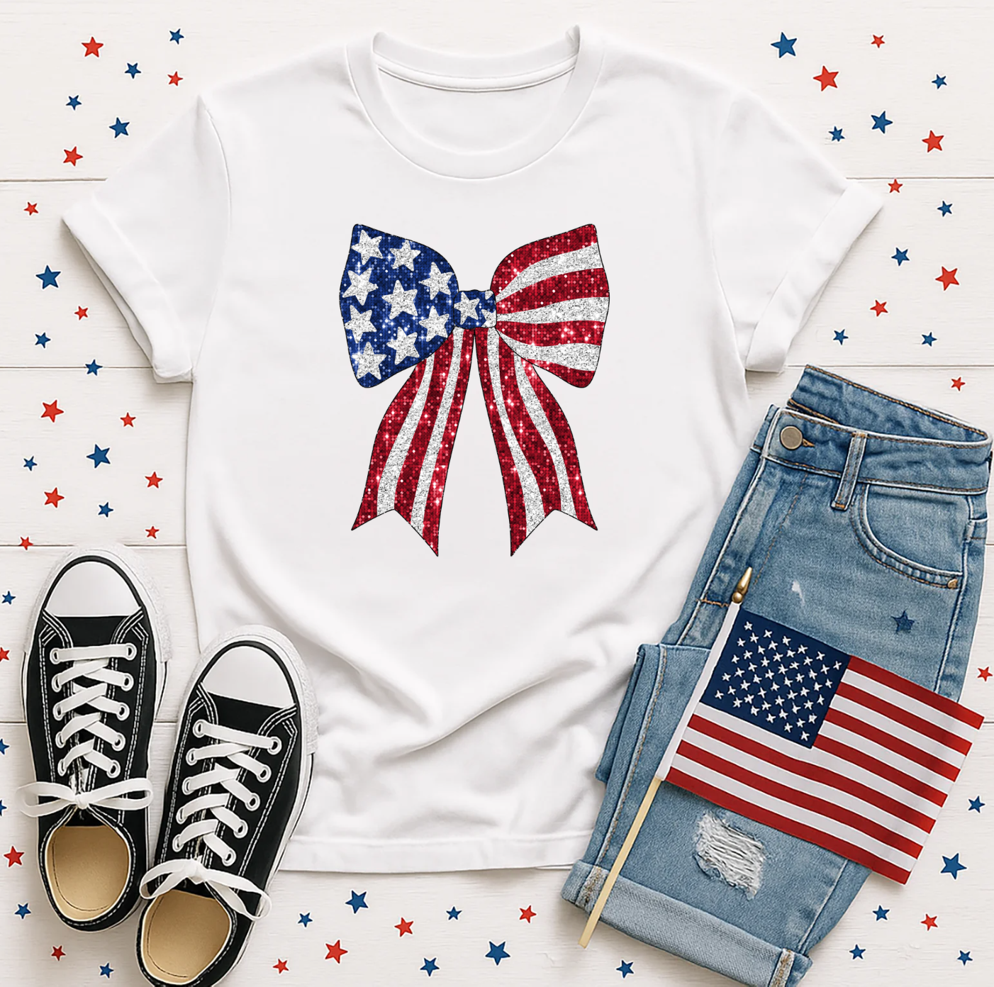 Glitter Effect American Flag Bow