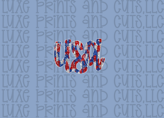 Glitter Effect Cursive USA (TRANSFER ONLY)