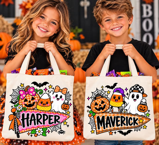 Two personalized Halloween trick-or-treat bag designs