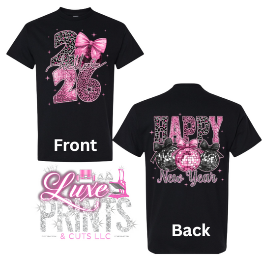 Hello 2026 Black Pink Sequins Glitter Leopard, Disco Ball Happy New Year