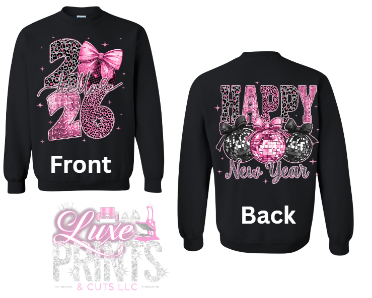 Hello 2026 Black Pink Sequins Glitter Leopard, Disco Ball Happy New Year