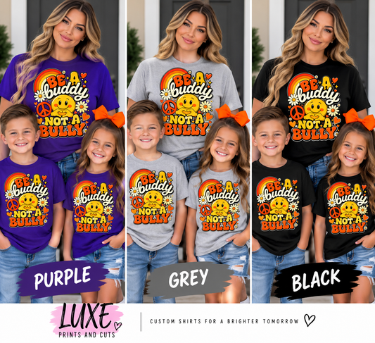 Family wearing purple grey and black shirts