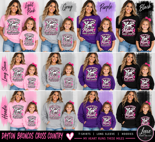 Dayton Broncos XC Mom shirts, long sleeves, and hoodies