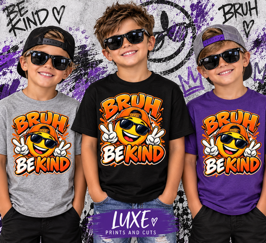 Boys modeling grey black and purple Bruh Be Kind shirts