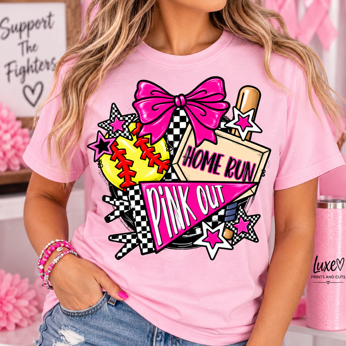 Light pink Pink Out Home Run softball shirt on model