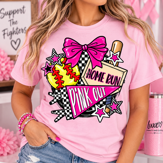 Light pink Pink Out Home Run softball shirt on model