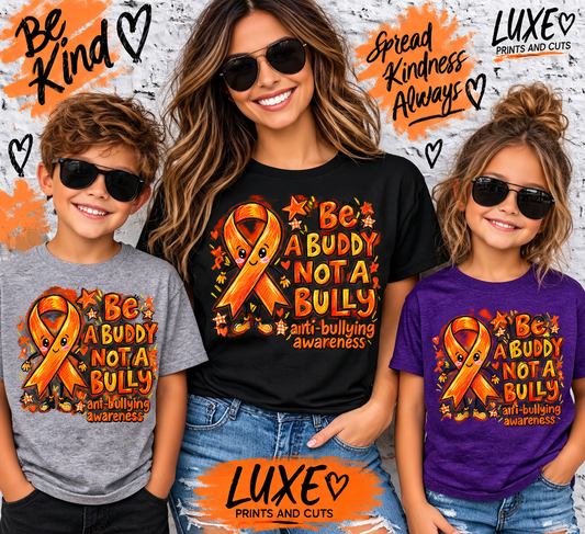 Woman and children wearing orange ribbon anti bullying shirts