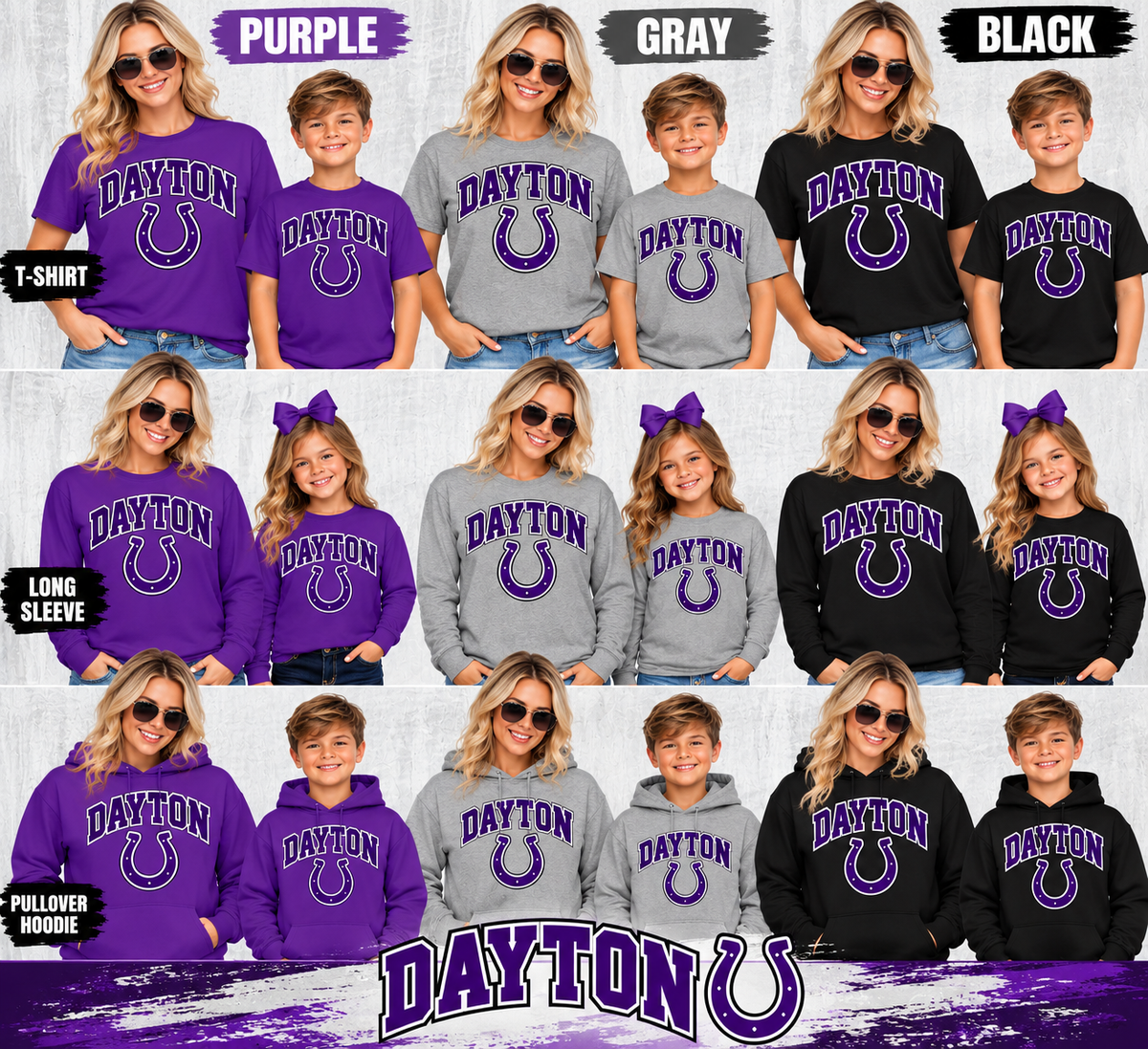 Dayton horseshoe mockups in purple gray and black