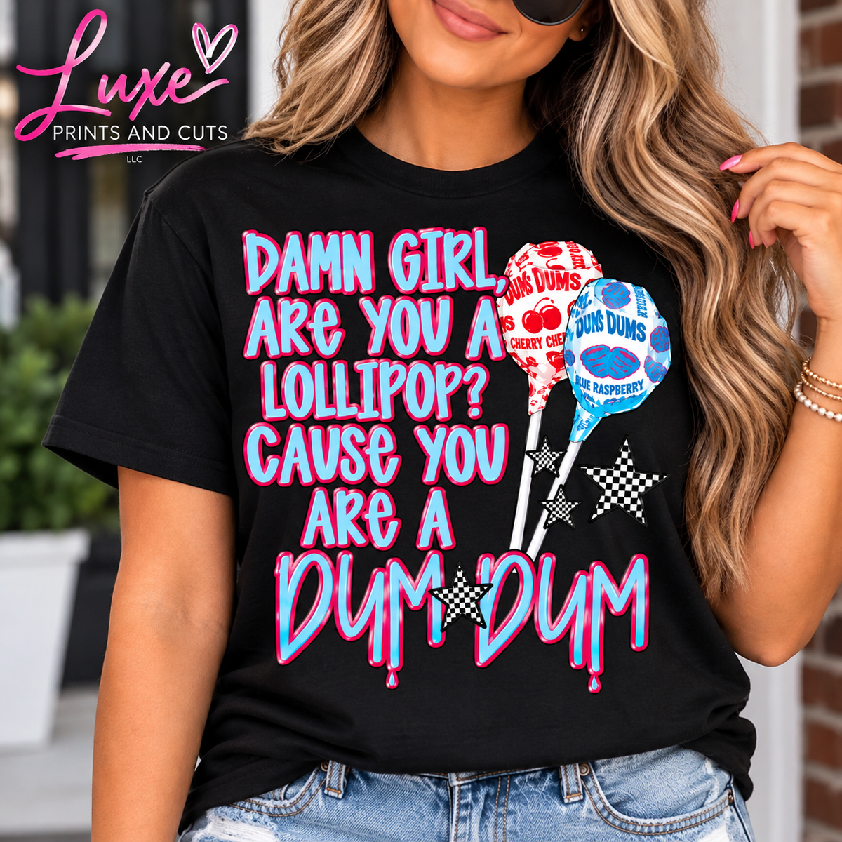 Black graphic tee on woman with Luxe Prints and Cuts logo