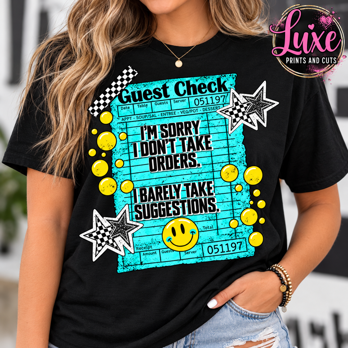 Guest Check black shirt mockup with Luxe logo