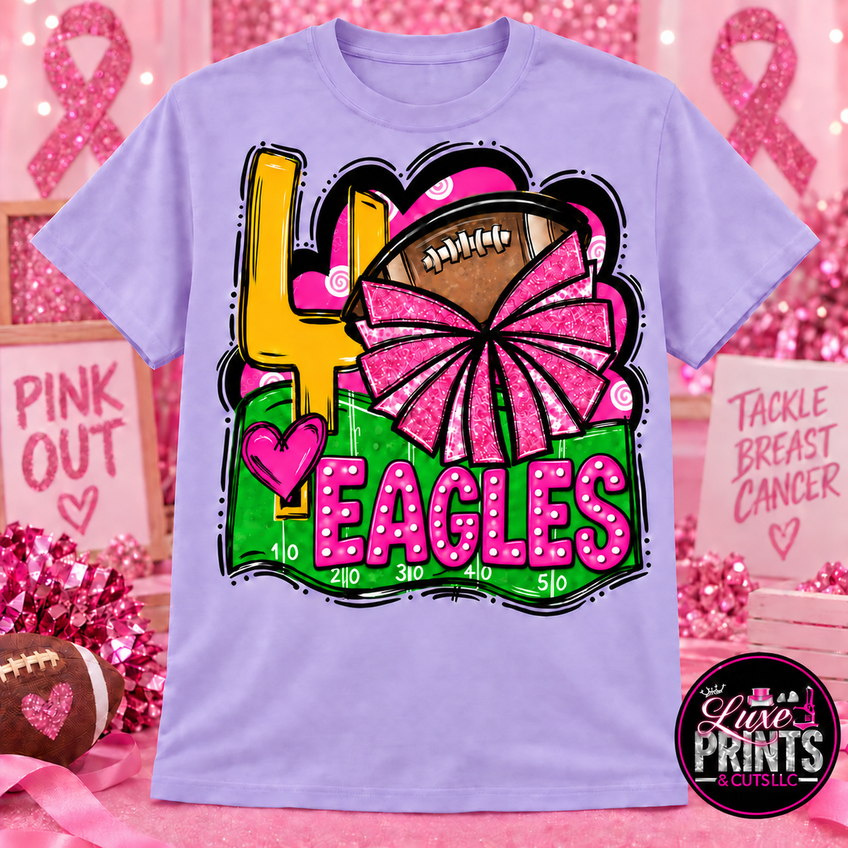 BH Eagles Pink Out football cheer shirt on light purple