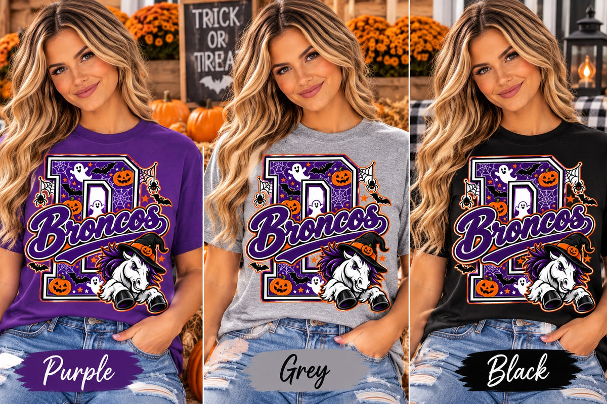 Broncos Halloween Gildan shirt mockups in purple, grey and black