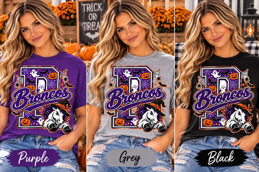 Broncos Halloween Gildan shirt mockups in purple, grey and black