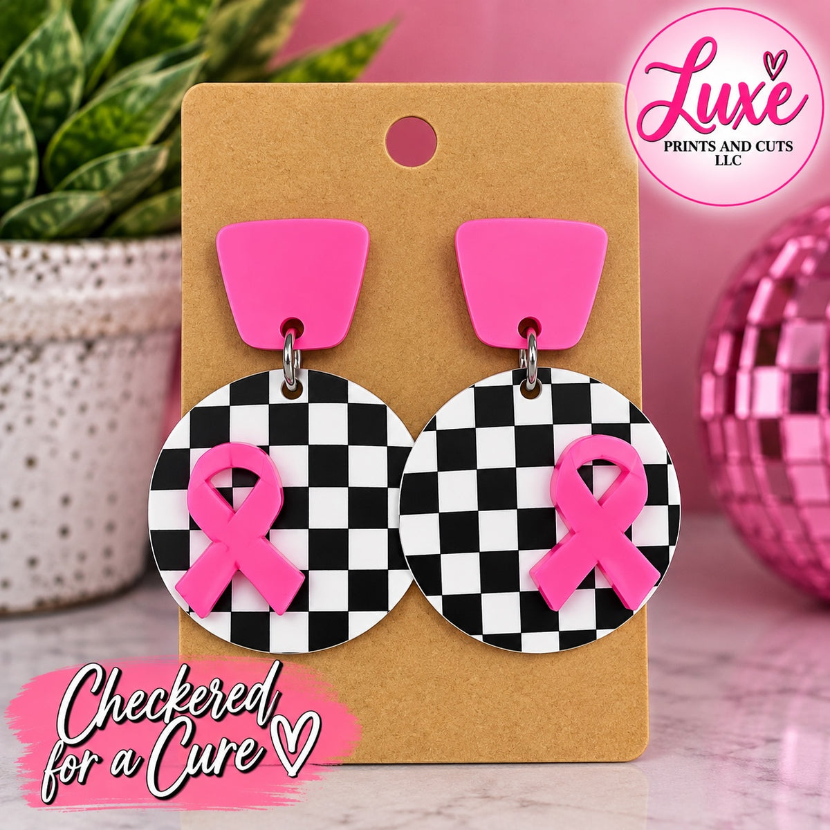 Checkered for a Cure pink ribbon earrings