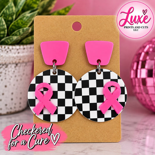 Checkered for a Cure pink ribbon earrings