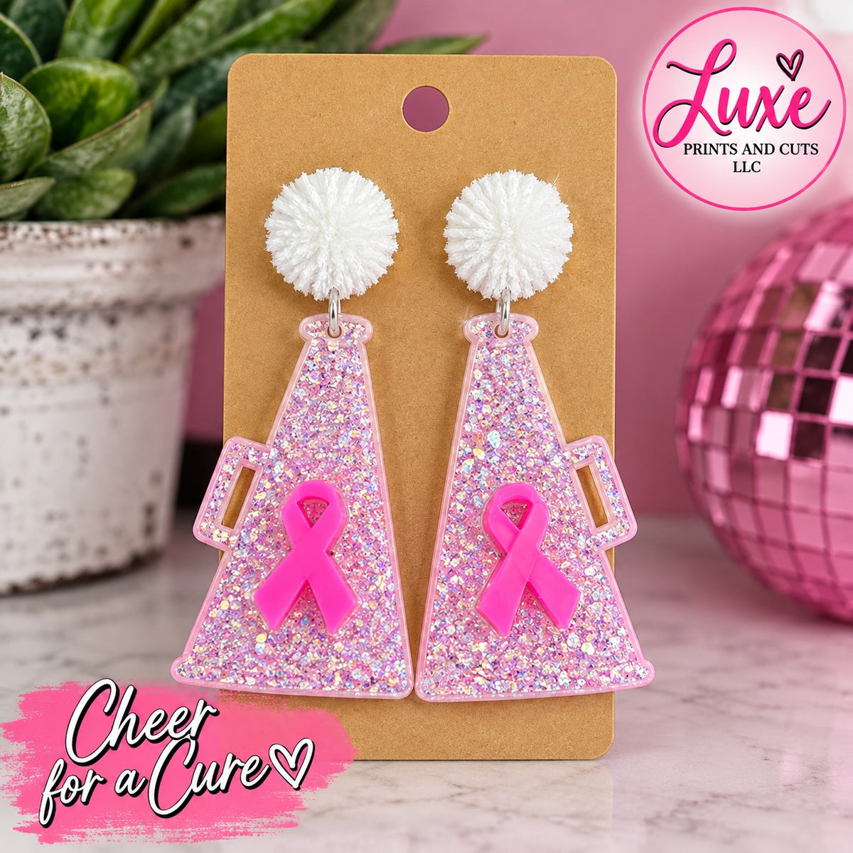 Cheer for a Cure pink glitter megaphone earrings