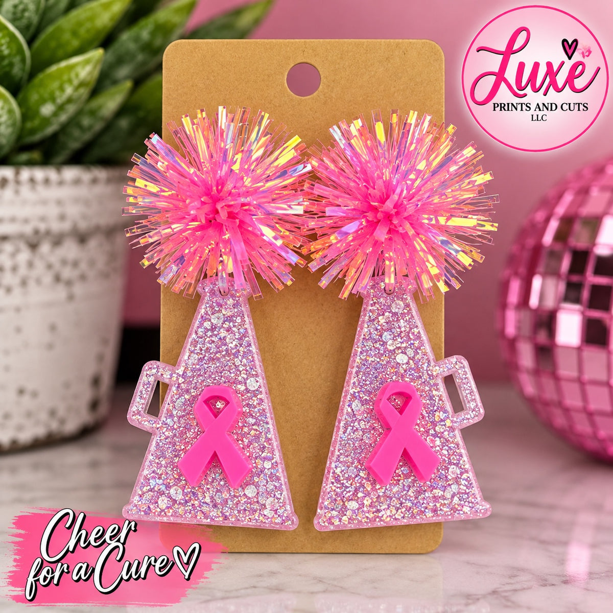 Cheer for a Cure pink pom-pom megaphone earrings