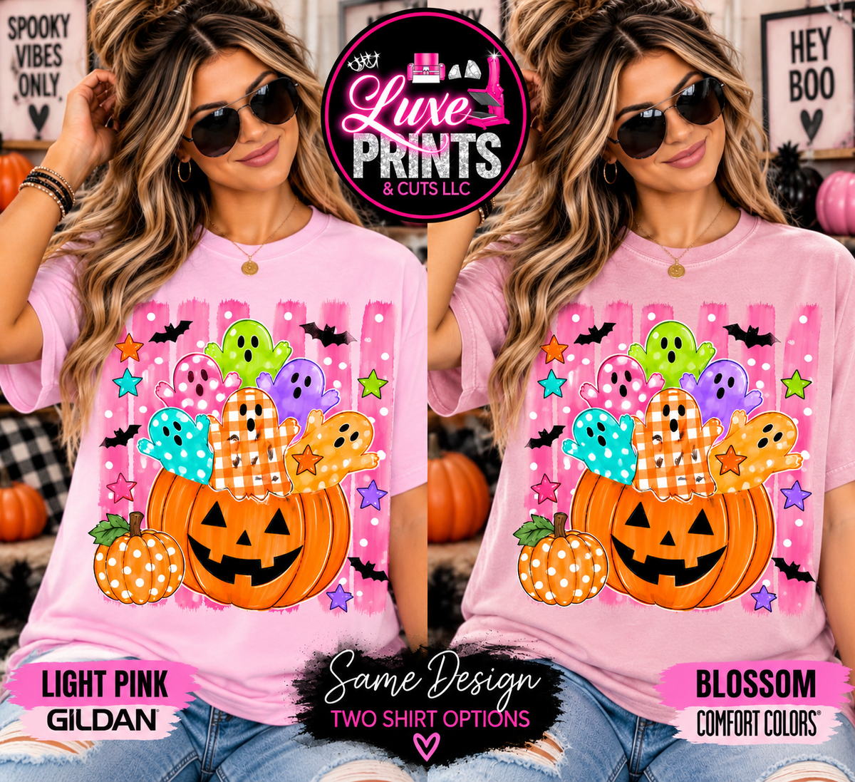 Colorful Halloween ghost pumpkin light pink shirt mockup