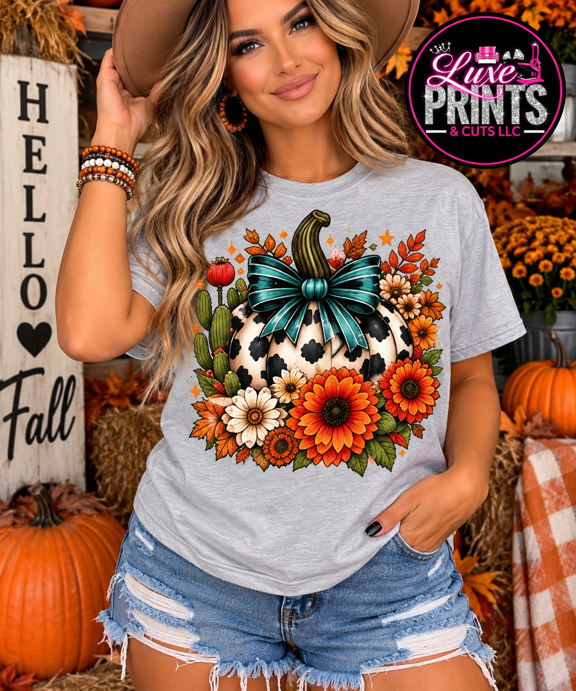 Cow print pumpkin fall design on sports grey Gildan shirt