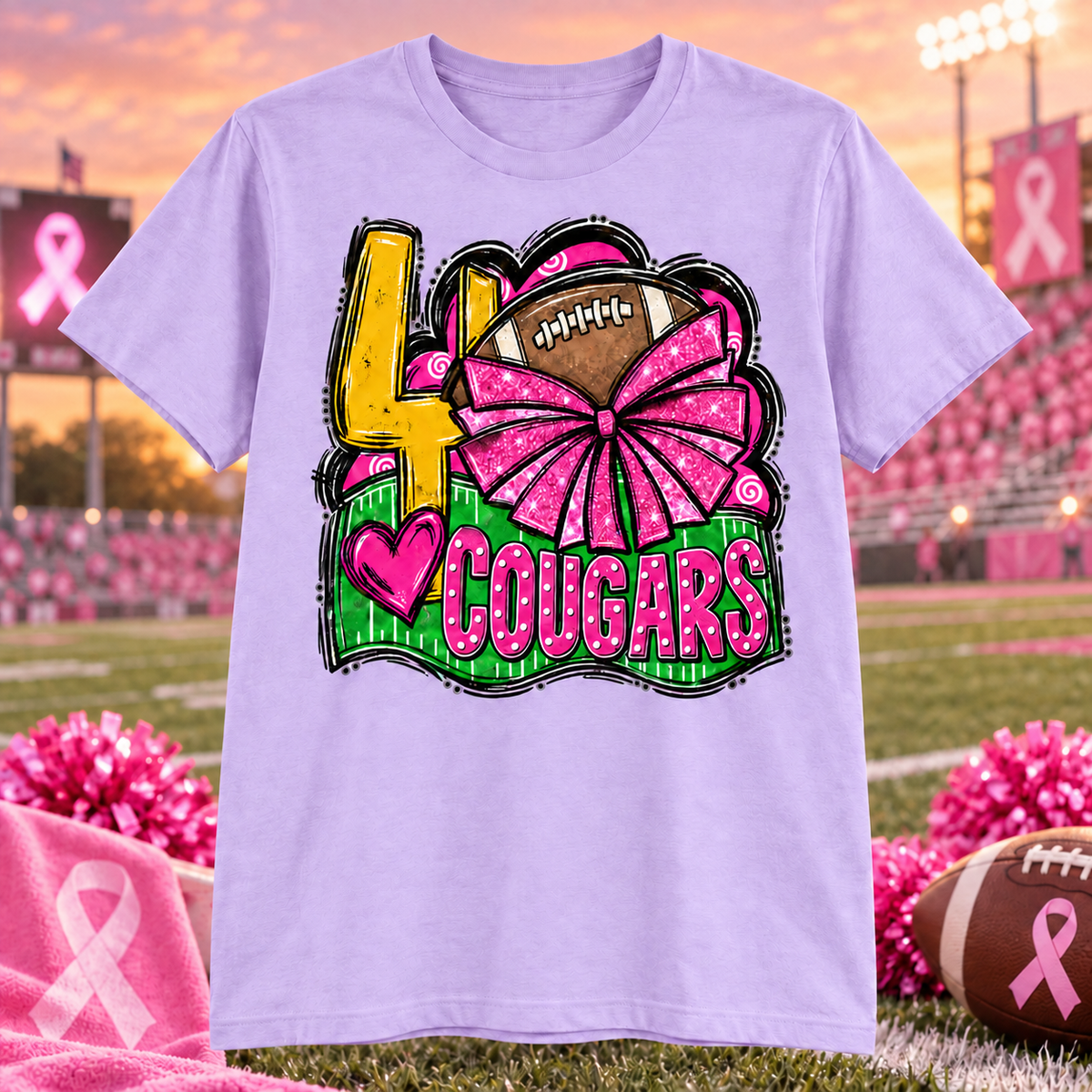 Crosby Cougars Pink Out football and cheer shirt on light purple