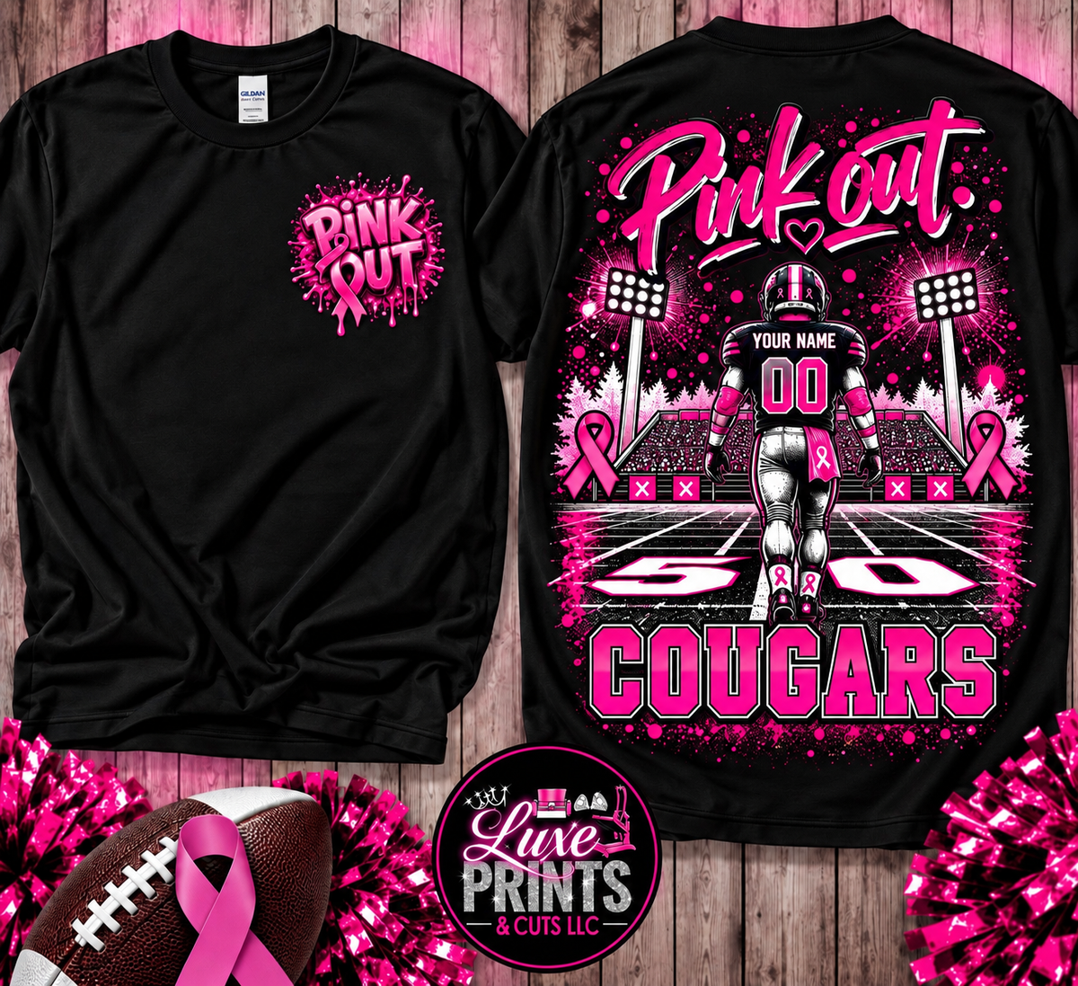 Crosby Cougars Pink Out football shirt front and back
