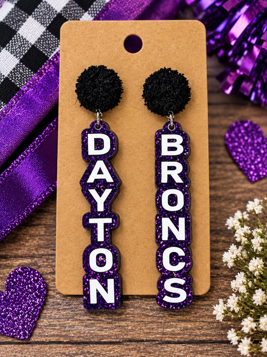 Dayton Broncos purple glitter earrings