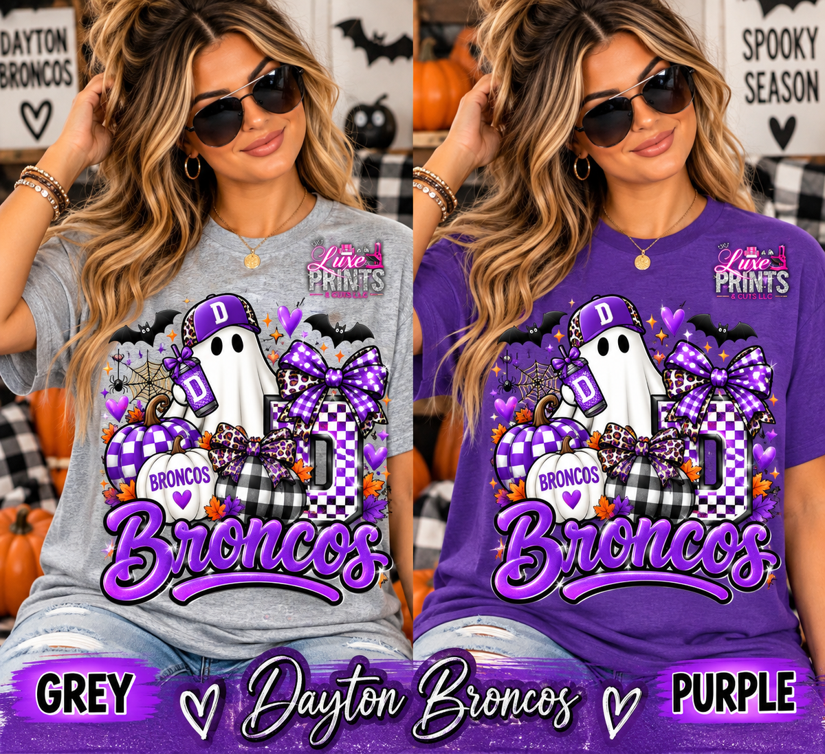 Dayton Broncos Halloween spirit shirt grey and purple mockup