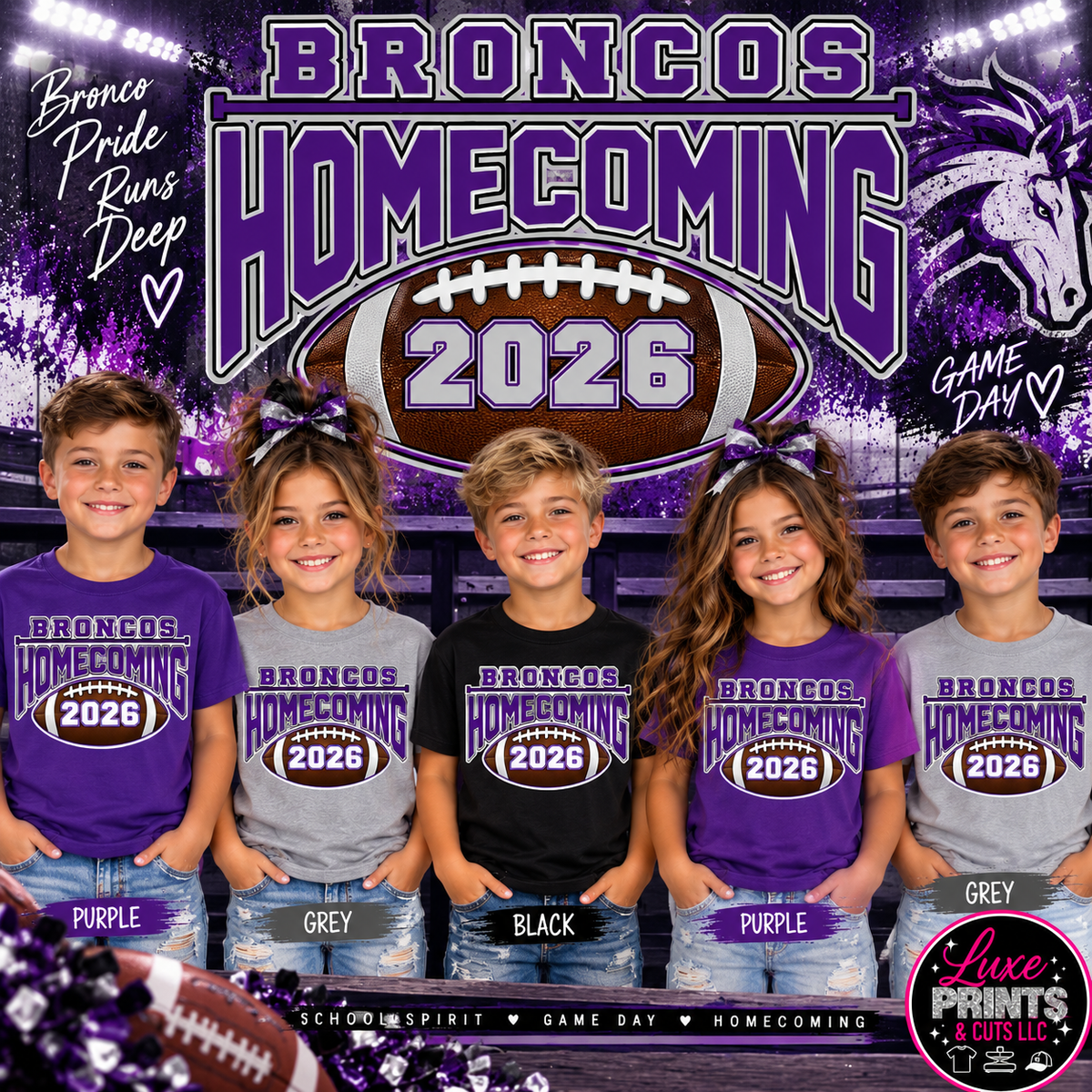 Dayton Broncos Homecoming 2026 Gildan shirt mockup in purple grey and black