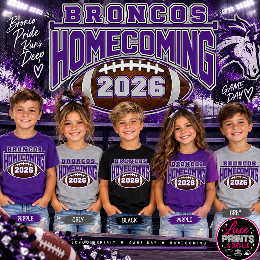 Dayton Broncos Homecoming 2026 Gildan shirt mockup in purple grey and black