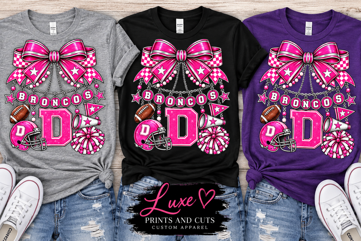 Dayton Broncos pink cheer and football shirt design mockup on grey, black, and purple shirts
