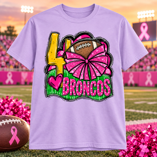 Dayton Broncos Pink Out football and cheer shirt on light purple