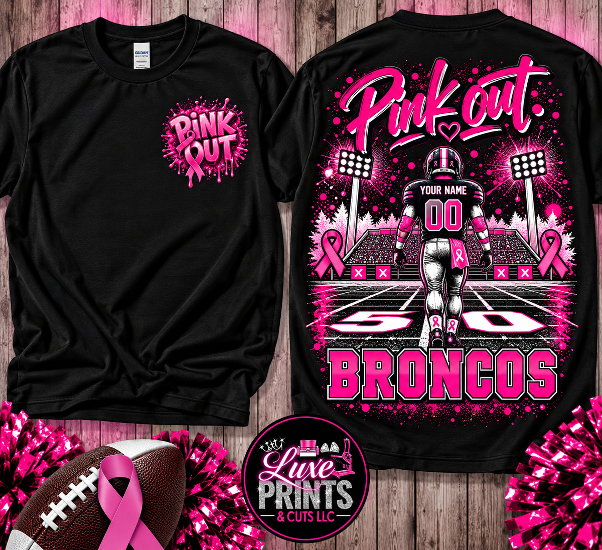 Dayton Broncos Pink Out football shirt front and back mockup