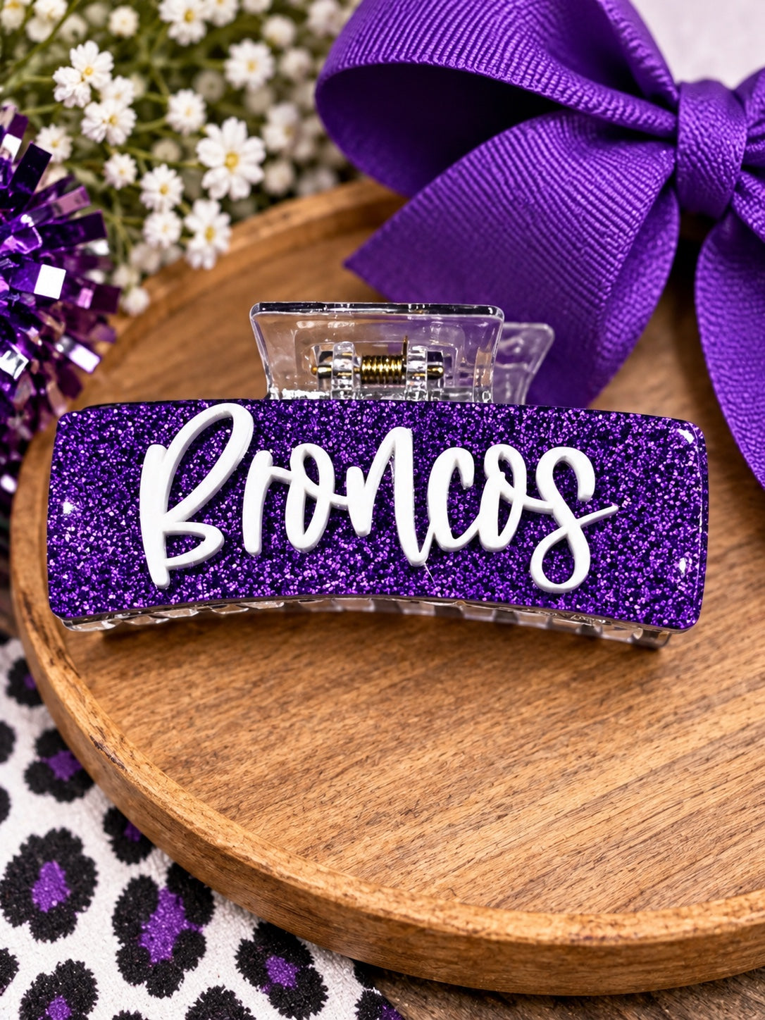 Dayton Broncos purple glitter hair clip