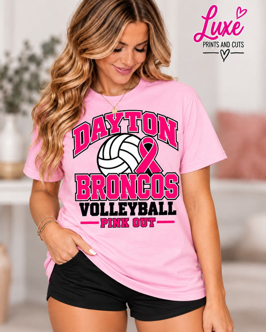 Light pink Dayton Broncos volleyball Pink Out T-shirt with awareness ribbon, woman's mockup and Luxe branding